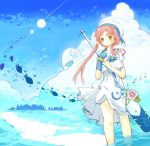  city cloud clouds dress feet_in_water fish flower hat legs mizunashi_akari pink_hair sky soaking_feet solo souka_(souspirit) standing sun water 