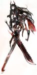  black_hair black_rock_shooter boots coat dual_persona highres horns huge_weapon long_hair red_eyes simple_background sword tribute weapon 