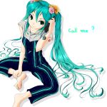  aqua_eyes aqua_hair barefoot cellphone cellphone_strap feet flower hachune_miku_(cameo) hands_on_feet hatsune_miku highres jewelry long_hair nail_polish necklace phone ponnu sitting smile soles solo spread_legs striped toes twintails vertical_stripes vocaloid 