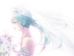 aqua_eyes aqua_hair bouquet bride dress flower hatsune_miku ryoko_(pixiv) simple_background solo vocaloid wedding_dress 