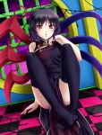  :o arm_support asymmetrical_wings black_hair black_legwear black_thighhighs checkered checkered_floor china_dress chinese_clothes feet floral_print houjuu_nue mochi.f open_mouth red_eyes short_hair sitting solo thigh-highs thighhighs touhou window wings 