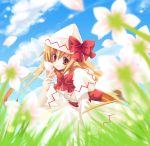  capelet cloud clouds flower hat hat_ribbon lily_white long_hair mineko petals ribbon sky smile solo touhou wide_sleeves 