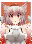  :&lt; animal_ears bare_shoulders barefoot breasts bust calpis-don calpish detached_sleeves face fangs hat inubashiri_momiji jpeg_artifacts large_breasts leaf red_eyes short_hair silver_hair solo tokin_hat touhou wolf_ears 