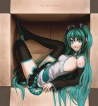  aqua_eyes aqua_hair box detached_sleeves girl_in_a_box hatsune_miku headphones highres imaginaly_blank in_box in_container long_hair necktie skirt smile solo thigh-highs thighhighs twintails vocaloid zettai_ryouiki 