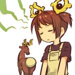 1girl blush_stickers brown_hair closed_eyes hitec horns looking_back moemon personification pokemon pokemon_(creature) pokemon_(game) pokemon_gsc short_hair short_twintails side_tail simple_background solo stantler twintails white_background 