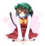  animal_ears aya_mizu brown_hair cat_ears cat_tail chen fish highres mouth_hold multiple_tails red_eyes short_hair solo tail touhou 
