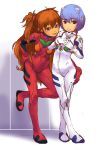  :p blue_eyes blue_hair brown_hair frown hand_on_hip metalzigzag neon_genesis_evangelion plugsuit red_eyes souryuu_asuka_langley tongue 