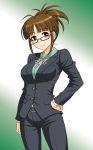 antenna_hair brown_eyes brown_hair formal glasses hair_up hand_on_hip hida_tatsuo idolmaster idolmaster_2 office_lady pant_suit smile solo suit 