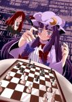  bat_wings be_(o-hoho) bespectacled blush book bow bowtie chess chibi closed_eyes dress flying glasses hair_bow hair_ribbon hat head_wings highres koakuma long_hair multiple_girls patchouli_knowledge purple_eyes purple_hair red_hair redhead ribbon sweat touhou violet_eyes wings 