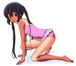  barefoot black_hair brown_eyes casual_one-piece_swimsuit dark_skin feet k-on! legs long_hair nakano_azusa one-piece_swimsuit ru_pickman solo swimsuit tan tanline twintails 