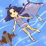  1girl antenna_hair barefoot blush_stickers from_below hitec mantine mecha moemon one-piece_swimsuit open_mouth personification pokemon pokemon_(creature) pokemon_(game) pokemon_gsc ponytail sinker smile solo swimsuit water zoids 