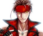  91 bad_id big_al brown_hair cosplay engloid fingerless_gloves gloves guilty_gear headband jewelry kyuichi male necklace simple_background skull smile sol_badguy sol_badguy_(cosplay) solo vocaloid yellow_eyes 