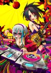  amplifier arm_warmers bikini_top disco_ball dj guitar headphones heterochromia highres hoodie instrument jewelry kuromaru9 mixer multiple_girls necktie original phonograph record striped striped_legwear striped_thighhighs sunglasses thigh-highs thighhighs tongue turntable 