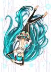  absurdres aqua_eyes aqua_hair arms_up bad_id barefoot bridal_gauntlets hatsune_miku hatsune_miku_(append) highres long_hair miatsushi miku_append navel necktie solo thigh-highs thigh_gap thighhighs twintails very_long_hair vocaloid vocaloid_append 