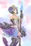  armor armored_dress bare_shoulders blue_eyes crown dress elbow_gloves gloves grey_hair gwendolyn head_wings odin_sphere polearm royal royalty solo spear takamizawa_maya thighhighs weapon wings 