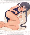  black_hair blush brown_eyes doily hoshi_mirin k-on! long_hair lying nakano_azusa on_side one-piece_swimsuit school_swimsuit solo swimsuit tan tanline 