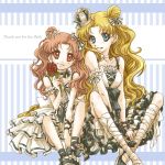  alternate_costume alternate_hairstyle ankle_lace-up bare_shoulders bishoujo_senshi_sailor_moon blonde_hair blue_eyes chibi_usa cross-laced_footwear crown dress engrish flower frills hair_ribbon hanarain legs mother_and_daughter multiple_girls pink_hair ranguage red_eyes ribbon rose sitting smile tsukino_usagi twintails wavy_hair 