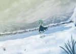  aqua_eyes aqua_hair barefoot blurry cirno cloud depth_of_field dutch_angle footprints forest hair_over_one_eye highres konatsu lake mountain nature reeds scenery snow solo touhou tree wind wings winter 