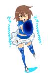  blowing brown_hair highres horn_(instrument) japan kusakabe_misao legs lucky_star short_hair skirt soccer_uniform solo thigh-highs thighhighs translated va vuvuzela wide_hips wink world_cup yellow_eyes zukaketawagase 