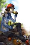  1boy eating hat jacket mikami pidove pokemon pokemon_(creature) pokemon_(game) pokemon_black_and_white pokemon_bw saliva sandwich sweat tepig touya_(pokemon) 