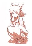  hakurei_reimu kneeling monochrome shiba_murashouji sketch smile solo squatting touhou 