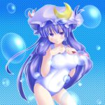  blue_hair bubble crescent_moon hat long_hair one-piece_swimsuit patchouli_knowledge sabino_itaru school_swimsuit swimsuit touhou violet_eyes white_school_swimsuit 