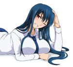  between_breasts blue_hair breasts diamond_cut_diamond hand_on_head huge_breasts kenji_t1710 large_breasts long_hair lying necktie official_art on_stomach original red_eyes shigyou_yuuyami shirt smile wink 
