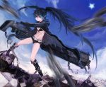  bad_id bikini_top black_hair black_rock_shooter black_rock_shooter_(character) blue_eyes boots chain coat glowing glowing_eyes highres long_hair midriff navel scar shorts silverwing solo twintails uneven_twintails very_long_hair weapon 