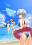  absurdres animal_ears ass beach bikini blonde_hair blue_eyes cat_ears cat_tail competition_swimsuit floating_screen green_eyes green_hair grey_hair highres innertube long_hair looking_back multiple_girls one-piece_swimsuit original prime short_hair swimsuit tail twintails wading water 