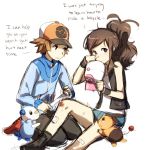  1boy 1girl baseball_cap brown_hair english first_aid hat hat_removed headwear_removed jacket oshawott pokemon pokemon_(creature) pokemon_(game) pokemon_black_and_white pokemon_bw ponytail protect scrape tears tepig touko_(pokemon) touya_(pokemon) vest weee_(raemz) 