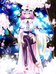  black_thighhighs bow breasts bubble butterfly cherry_blossoms fan fangs flower frills garters grin hat japanese_clothes large_breasts petals pink_eyes pink_hair ribbon saigyouji_yuyuko sitting slippers smile solo thigh-highs touhou tree yamineko zettai_ryouiki 