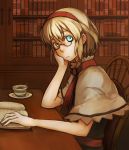  aqua_eyes bespectacled blonde_hair book bookshelf chin_rest glasses library sitting solo tea totteri touhou 