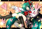  boots bow bowtie green_eyes green_hair hair_bow hair_ribbon hat hatsune_miku headset heart knee_boots long_hair necktie open_mouth pointing ribbon rionoil sitting skirt solo top_hat twintails very_long_hair vocaloid 