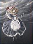  bird blonde_hair border cloud clouds dark_clouds elbow_gloves frills gloves grey hand_on_hat hat hat_ribbon highres kana_anaberal ribbon sky solo stainglass_(artist) standing touhou touhou_(pc-98) yellow_eyes 