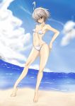  antenna_hair beach bikini blue_eyes satsuki_(kagayaku_onn_nano_moto) short_hair silver_hair sunbeam swimsuit tiptoes 