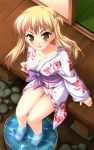  backstage barefoot blonde_hair feet_in_water foreshortening highres hoshizaki_hikaru japanese_clothes kimono ninomiya_arisu short_twintails smile soaking_feet solo twintails two_side_up water yellow_eyes yukata 