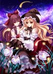  adapted_costume bare_shoulders blonde_hair bow braid brown_eyes brown_hair carrying detached_sleeves douji dress fireflies flower hair_bow hakurei_reimu hat kirisame_marisa long_hair milky_way multiple_girls night princess_carry side_braid smile star_(sky) touhou witch_hat yellow_eyes 