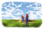   clouds field holding_hands kotone_(pokemon) overalls pants pointing pokemon silver_(pokemon) sky thigh_highs  