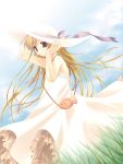  blonde_hair dress fish grass happy_breeding hat highres long_hair pointy_ears red_eyes sundress wind 