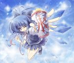  ;d blue_eyes blue_hair bow cirno hair_bow itsutsuki open_mouth shaved_ice short_hair smile solo spoon touhou wings wink zoom_layer 