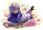  blue_hair bracelet cat_teaser cat_toy cloud clouds jewelry kumoi_ichirin legs_up lying pantyhose ring short_hair touhou unzan zeni 