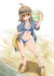  ahoge bad_id ball beach beachball bikini breasts brown_eyes brown_hair cleavage front-tie_top grin hat highres hoodie nail_polish open_clothes open_shirt original sandals shirt short_hair side-tie_bikini sleeves_rolled_up smile solo sunglasses swimsuit takeuma_key 