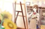  amamizu_(pixiv) bow brown_eyes brown_hair canvas_(object) easel flower long_hair original paint paintbrush painting palette sleeves_folded_up solo sunflower usui_(tripcube) 