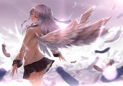  4hands angel_beats! blazer closed_eyes dissolving feathers glint long_hair school_uniform silver_hair solo sun tachibana_kanade wind wings 