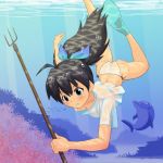  ass bad_id bikini black_hair blue_eyes dolphin down_blouse flippers freediving ganaha_hibiki idolmaster long_hair polearm ponytail puffy_cheeks see-through solo swimming swimsuit t-shirt trident underwater weapon 