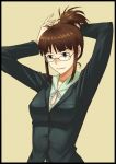  aerodog akizuki_ritsuko border formal hair_up idolmaster idolmaster_2 inu_(aerodog) pant_suit ponytail smile solo suit 