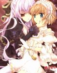  astarte_(epitaph) brown_hair epitaph hand_on_another's_cheek hand_on_another's_face highres lolita_fashion multiple_girls pocket_watch purple_hair shouoto_aya towa_(epitaph) watch yuri 