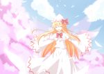  baram blonde_hair bow capelet cherry_blossoms closed_eyes cloud clouds hat lily_white long_hair open_mouth outstretched_arms sky smile solo spread_arms touhou wings 