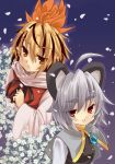  animal_ears blonde_hair eyebrows flower grey_hair hair_ornament highres mouse_ears multiple_girls nazrin necklace open_mouth petals red_eyes ribbon short_hair toramaru_shou touhou usa-pom yellow_eyes 
