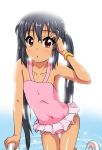  black_hair brown_eyes casual_one-piece_swimsuit flat_chest k-on! k10k long_hair nakano_azusa one-piece_swimsuit solo swimsuit tan twintails water wet 